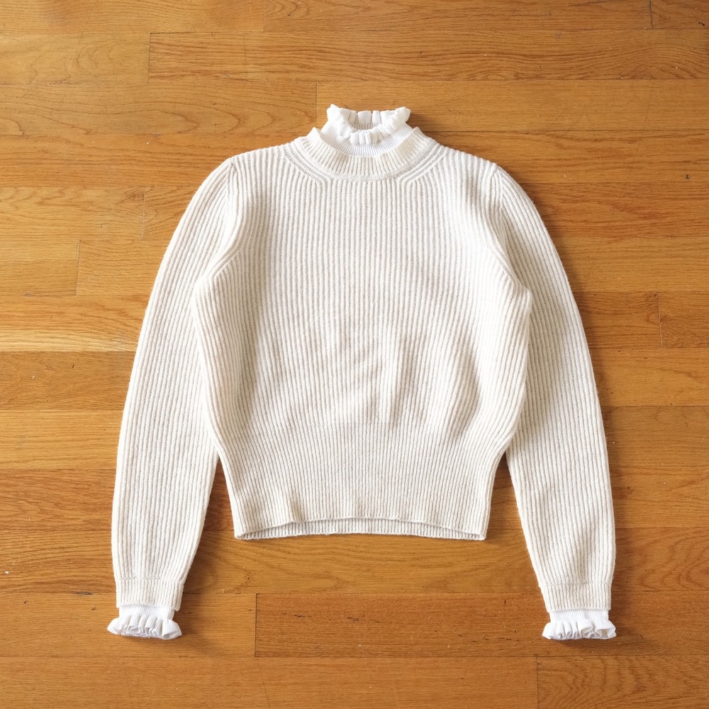 Sandro Ribbed Mock Neck Sweater Women White Ruffle Trim‎ Coquette Girl Size 3